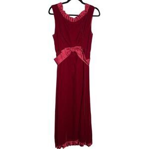 Vintage 50s 60s Deep Red Velvet Holiday Long Party Dress Satin Ruffle Ribbon Bow